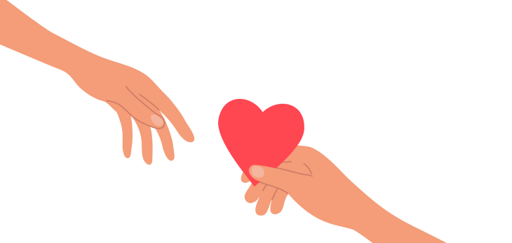 Hands exchanging a red heart shape.