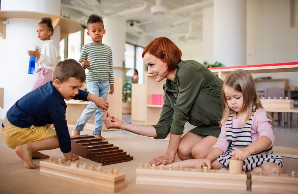 Children and teacher playing with educational toys.