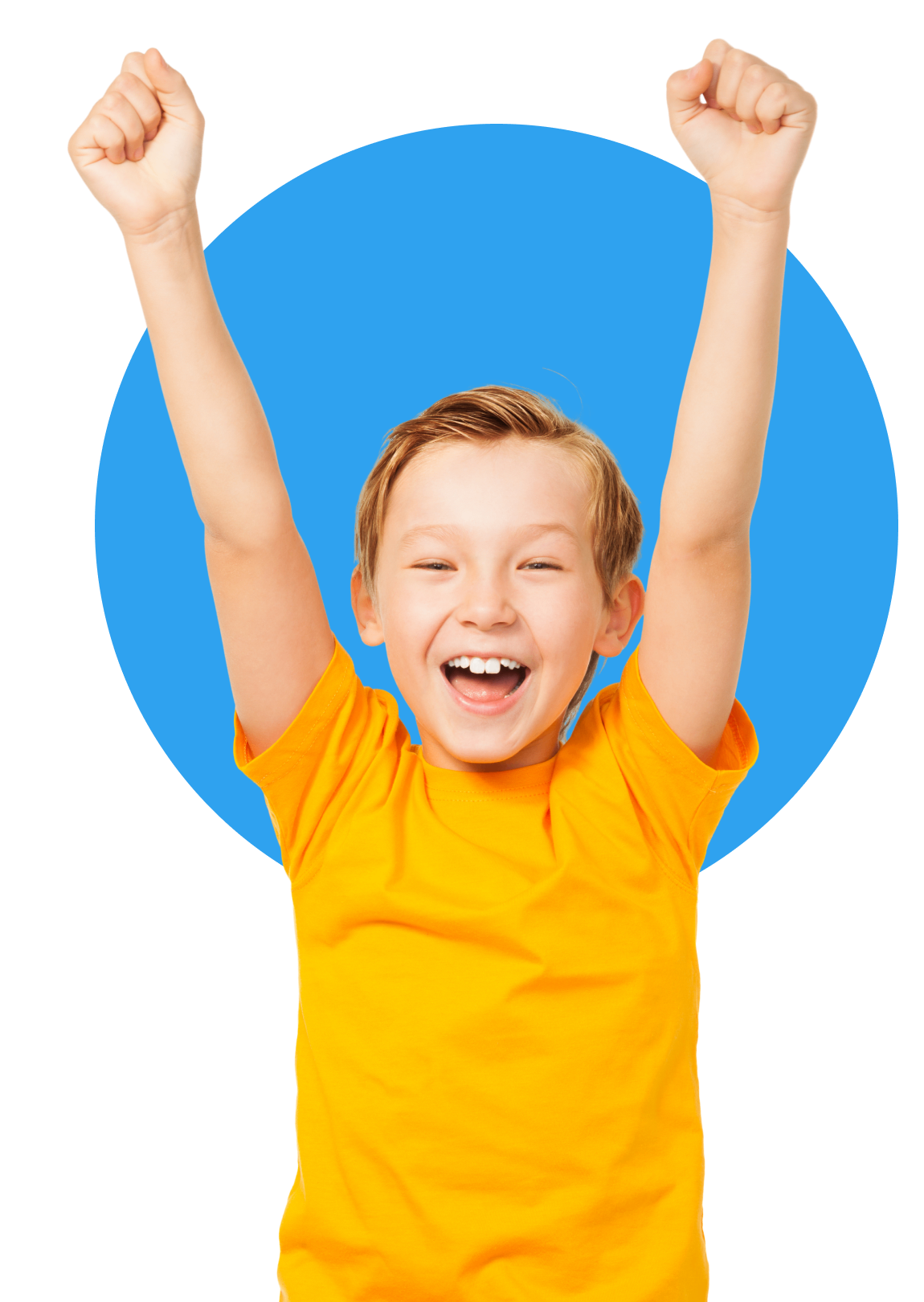 Child in orange shirt, arms raised joyfully.
