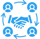 Handshake surrounded by people icons and arrows.
