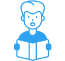 Blue icon of person reading a book.